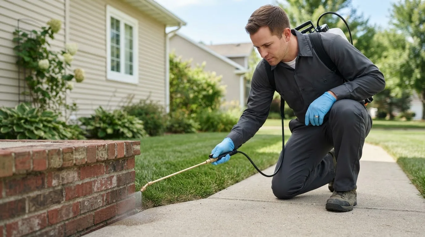 Pest control technician treating a home near Coeymans, NY